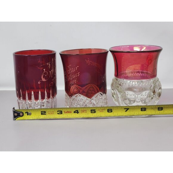 Set Of 3 Antique Ruby Red Souvenir Glasses With Etched Designs & Clear Accents - Picture 7 of 8